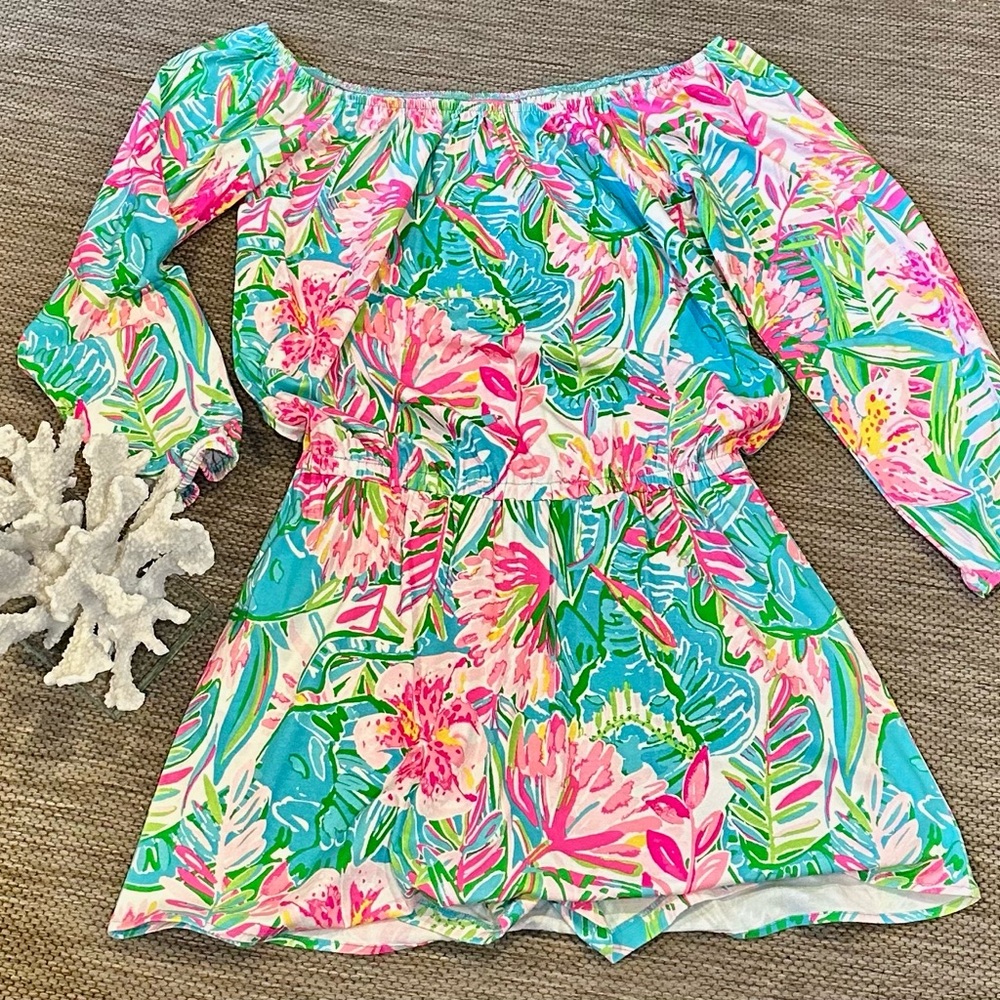 Lilly Pulitzer off-the-shoulder Romper/ Size M- like New condition, pink & green